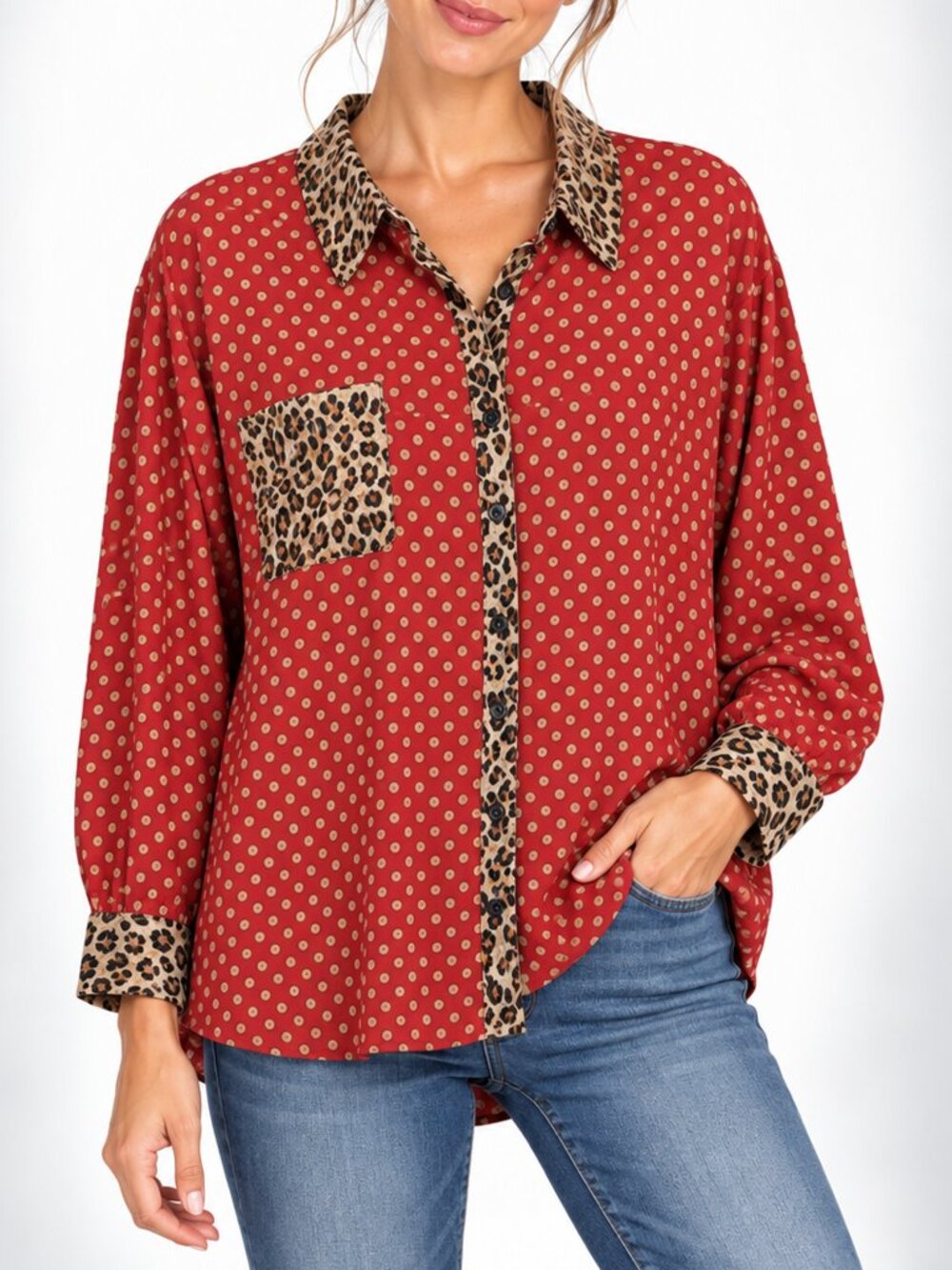 Belle by Kim Gravel 2X Red Polka Dot Leopard Trim Button-Down Blouse